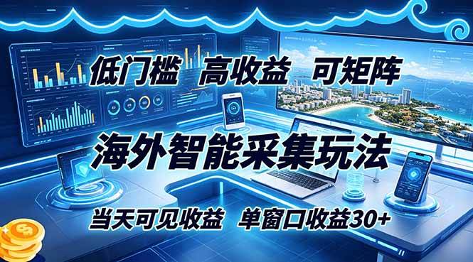 (6.20)海外智能采集玩法，低门槛高单价可矩阵，当天可见收益，单窗口30+