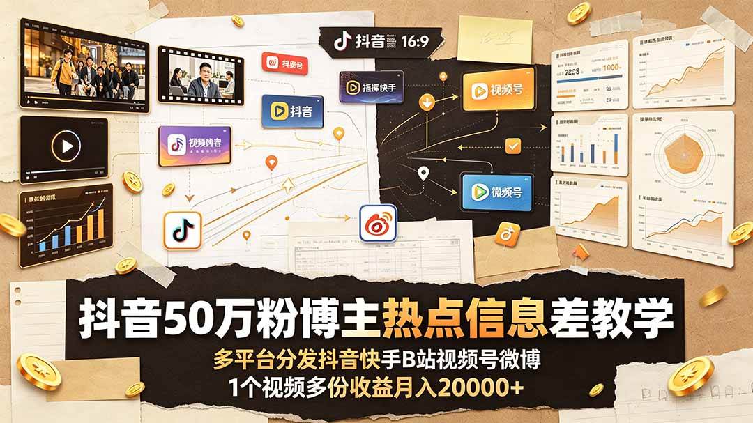 (7.02)抖音50万粉博主热点信息差教学：多平台分发抖音快手B站视频号微博，1个视频多份收益月入20000+