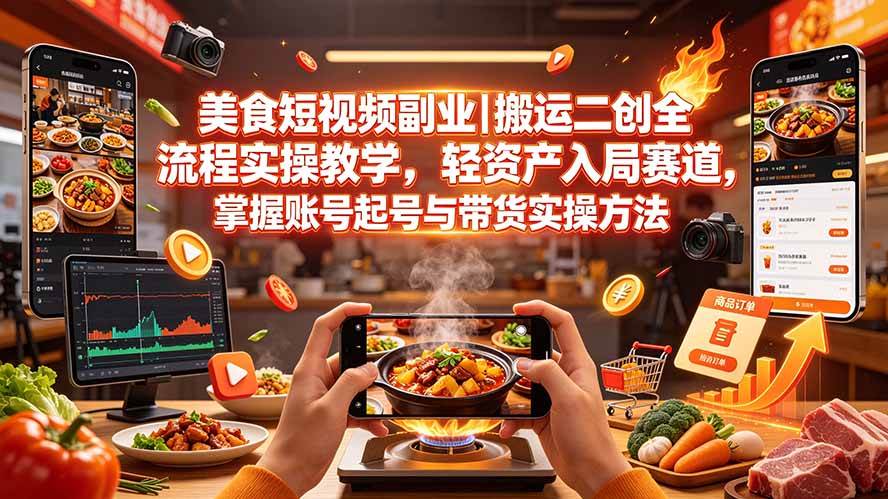 (7.26)美食短视频副业｜搬运二创全流程实操教学，轻资产入局赛道，掌握账号起号与带货实操方法
