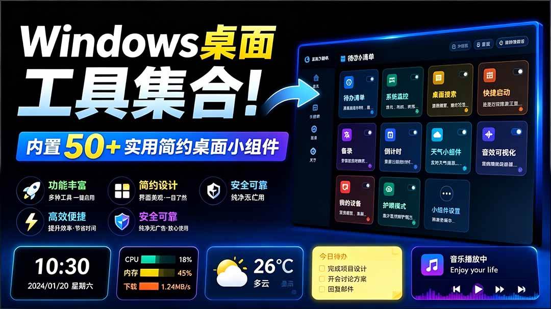 (7.29)Windows桌面工具集合！内置50+实用简约桌面小组件，含截图、录屏、翻译、天气等，多秘工具箱