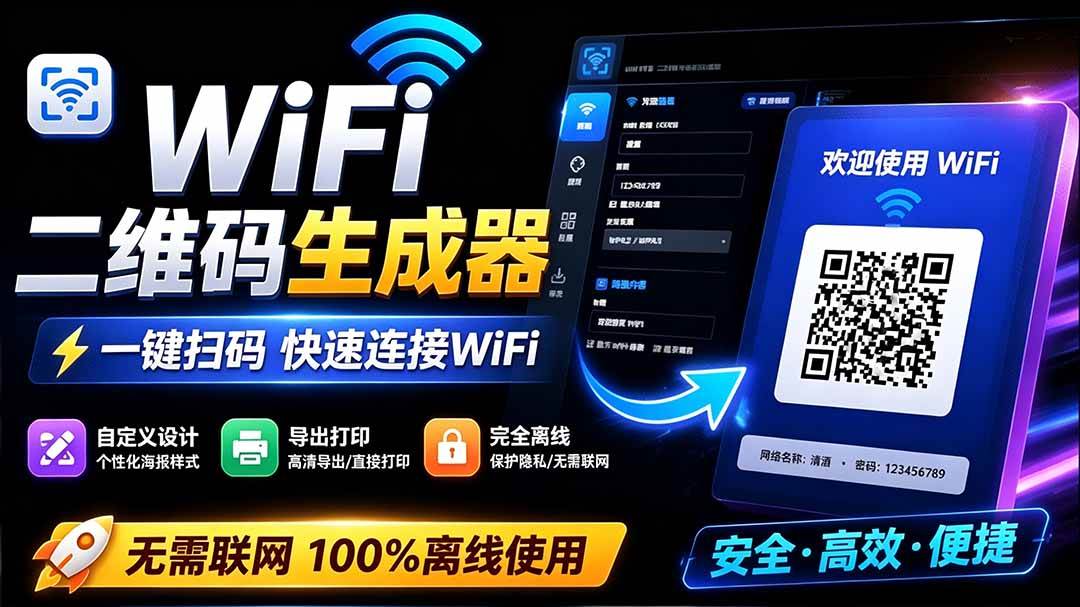 (7.28)完全离线使用！WiFi二维码生成器，一键扫码快速连接WiFi，支持自定义风格导出 WiFi二维码生成器
