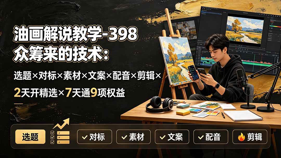 (7.29)油画解说教学-398众筹来的技术-刯新：选题×对标×素材×文案×配音×剪辑×2天开精选×7天通9项权益