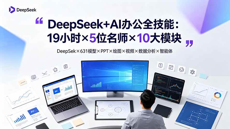 (7.19)DeepSeek+AI办公全技能：19小时×5位名师×10大模块，DeepSeek×631模型×PPT×绘图×视频×数据分析×智能体