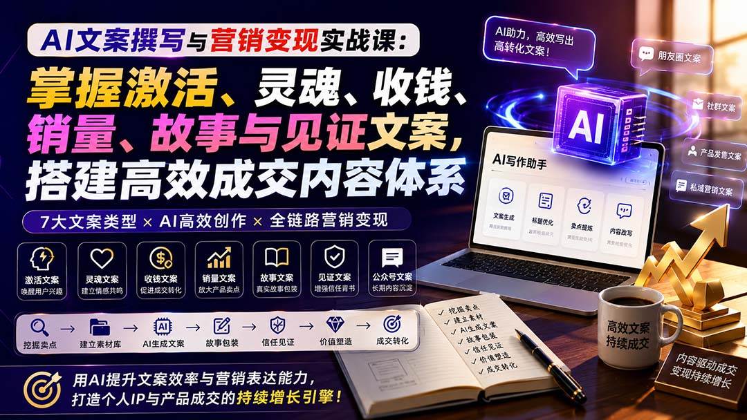 (8.30)AI文案撰写与营销变现实战课：掌握激活、灵魂、收钱、销量、故事与见证文案，搭建高效成交内容体系