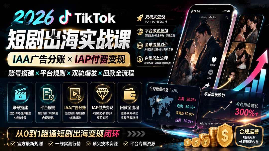 (8.07)2026TikTok短剧出海实战课：IAA广告分账×IAP付费变现×账号搭建×平台规则×双轨爆发×回款全流程