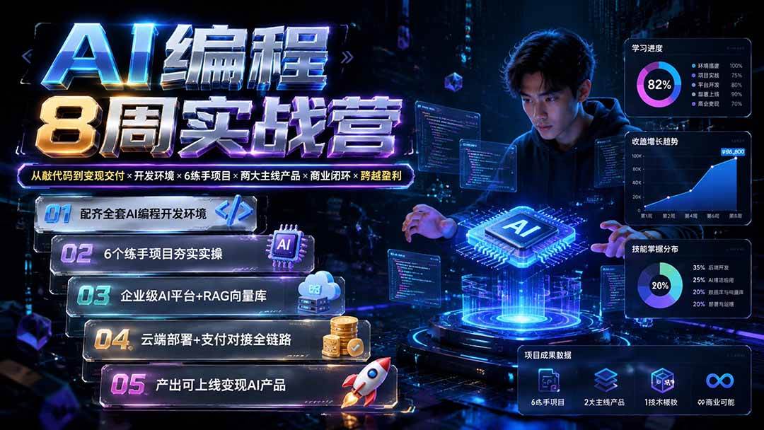 (8.03)AI编程8周实战营：从敲代码到变现交付×开发环境×6练手项目×两大主线产品×商业闭环×跨越盈利
