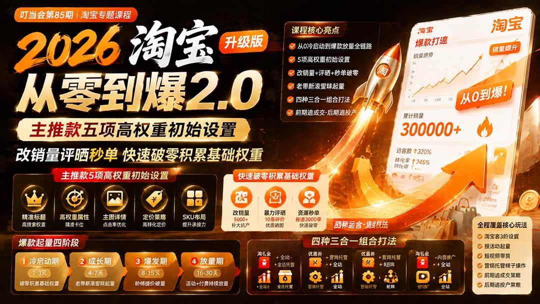(8.07)2026淘宝从零到爆2.0第85期；主推款五项高权重初始设置，改销量评晒秒单快速破零积累基础权重