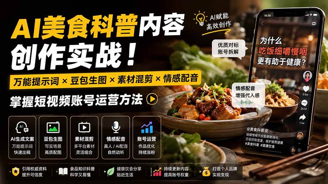 (8.19)外面卖199元-AI美食科普内容创作实战！万能提示词×豆包生图×素材混剪×情感配音，掌握短视频账号运营方法