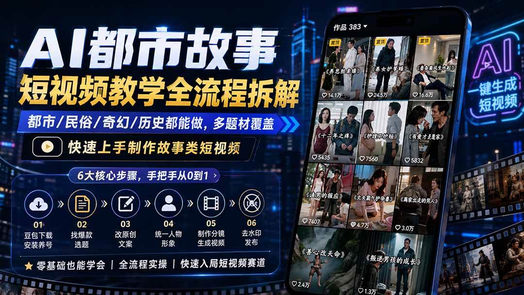 (8.13)AI都市故事短视频教学全流程拆解；都市/民俗/奇幻/历史都能做多题材覆盖，快速上手制作故事类短视频