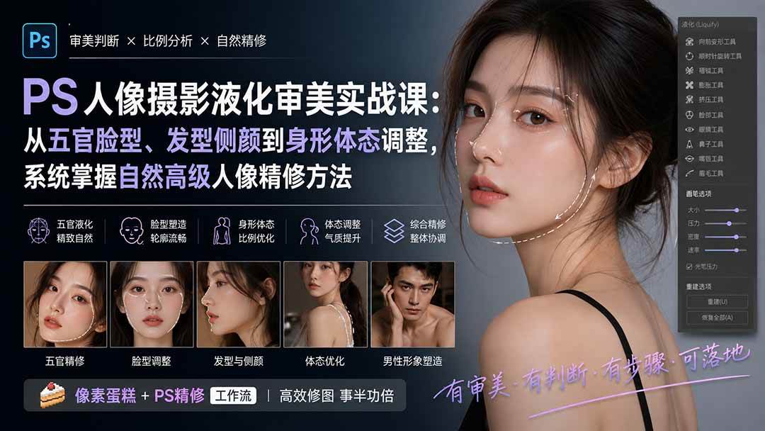 (8.26)PS人像摄影液化审美实战课：从五官脸型、发型侧颜到身形体态调整，系统掌握自然高级人像精修方法