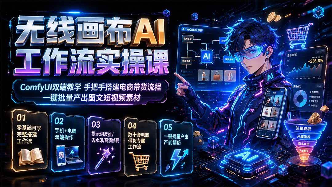 (8.03)无线画布AI工作流实操课｜ComfyUI双端教学，手把手搭建电商带货流程，一键批量产出图文短视频素材
