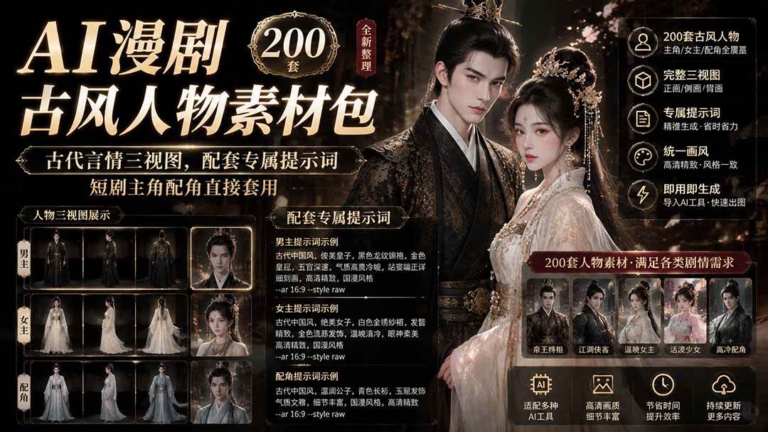 (8.05)AI漫剧古风人物素材包+提示词｜200 套古代言情三视图，配套专属提示词短剧主角配角直接套用