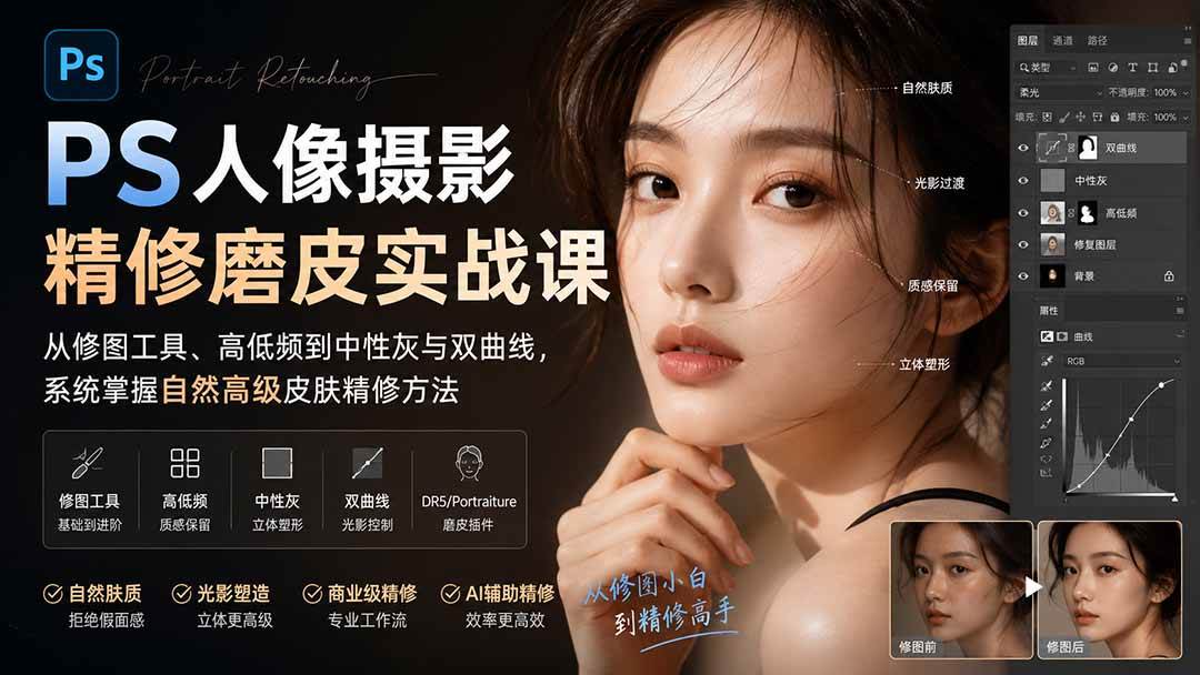 (8.26)PS人像摄影精修磨皮实战课：从修图工具、高低频到中性灰与双曲线，系统掌握自然高级皮肤精修方法