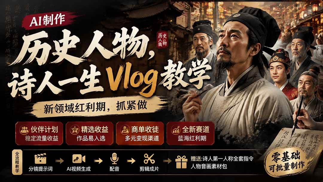 (8.08)历史人物，诗人一生Vlog教学， AI制作丨伙伴计划丨精选收益丨商单收徒 ，新领域红利期，抓紧做