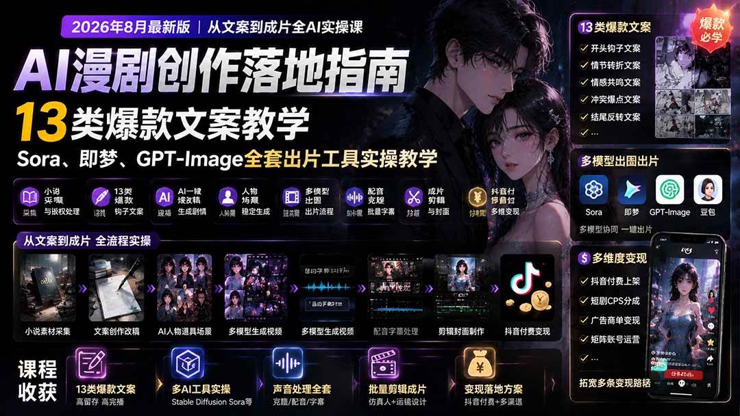 (8.05)AI漫剧创作落地指南｜13类爆款文案教学，Sora、即梦、GPT-Image全套出片工具实操教学