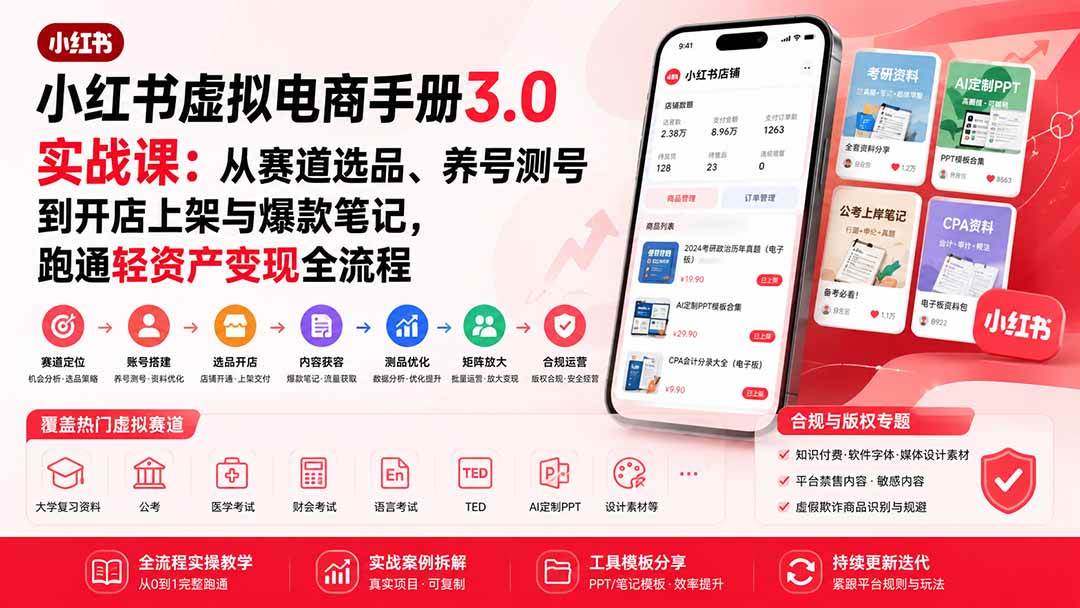 (8.26)小红书虚拟电商手册3.0实战课：从赛道选品、养号测号到开店上架与爆款笔记，跑通轻资产变现全流程