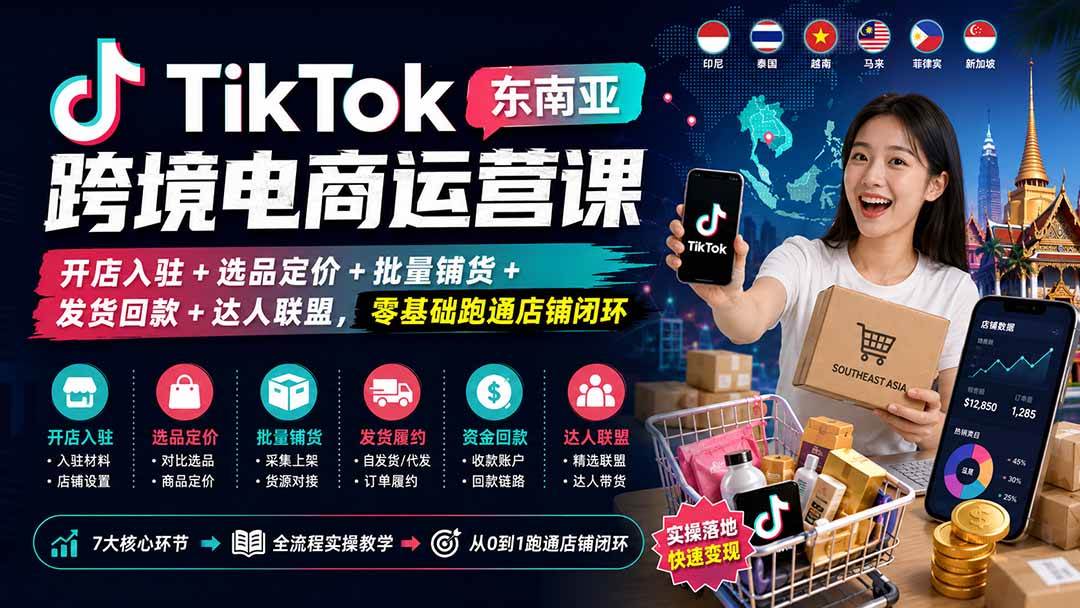 (8.26)TikTok东南亚跨境电商运营课：开店入驻+选品定价+批量铺货+发货回款+达人联盟，零基础跑通店铺闭环