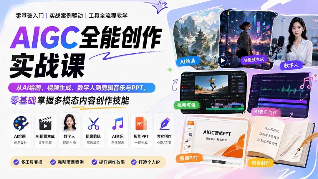 (8.26)AIGC全能创作实战课：从AI绘画、视频生成、数字人到剪辑音乐与PPT，零基础掌握多模态内容创作技能
