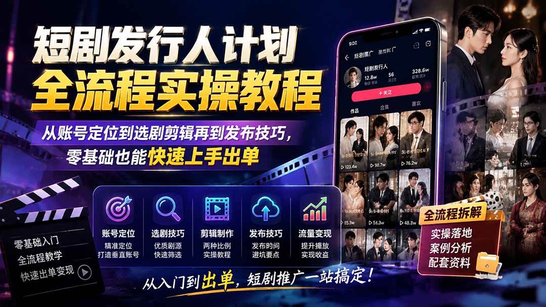 (8.07)短剧发行人计划全流程实操教程；从账号定位到选剧剪辑再到发布技巧，零基础也能快速上手出单