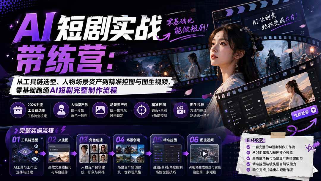 (8.26)AI短剧实战训练营：从工具链选型、人物场景资产到精准控图与图生视频，零基础跑通AI短剧完整制作流程