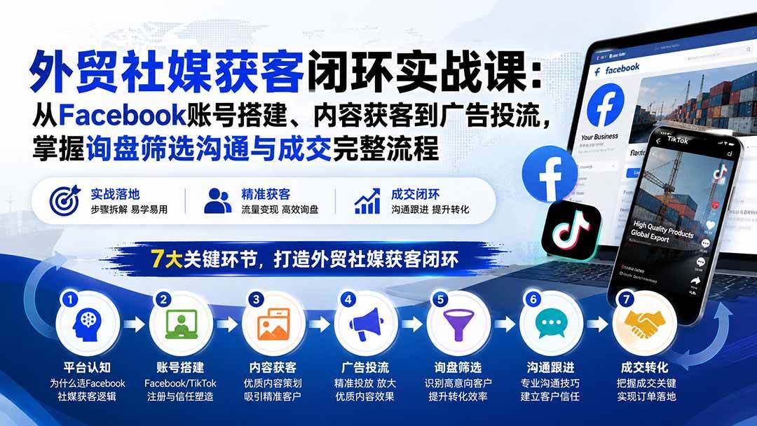 (9.03)外贸社媒获客闭环实战课：从Facebook账号搭建、内容获客到广告投流，掌握询盘筛选沟通与成交完整流程