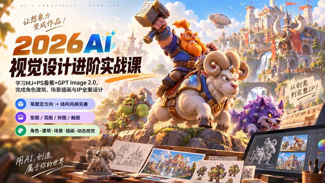 (9.14)2026AI视觉设计进阶实战课-更新：学习MJ+PS香蕉+GPT Image 2.0，完成角色建筑、场景插画与IP全案设计