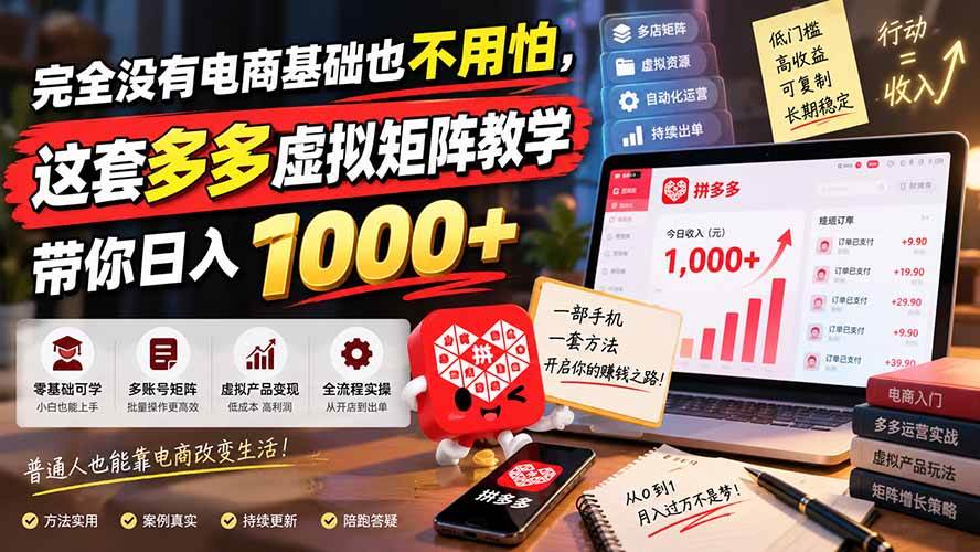 (9.15)完全没有电商基础也不用怕，这套多多虚拟矩阵教学带你日入 1000+