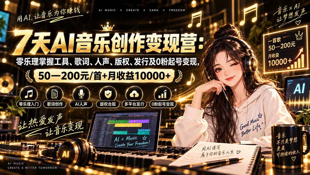 (9.15)AI音乐创作变现营：零乐理掌握工具、歌词、人声、版权、发行及0粉起号变现，50—200元/首+月收益10000+